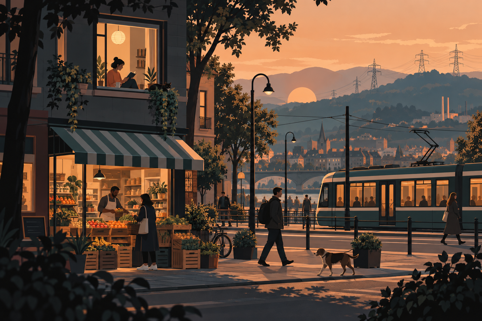 An illustrated neighbourhood with a local shop, an apartment and a passing tram