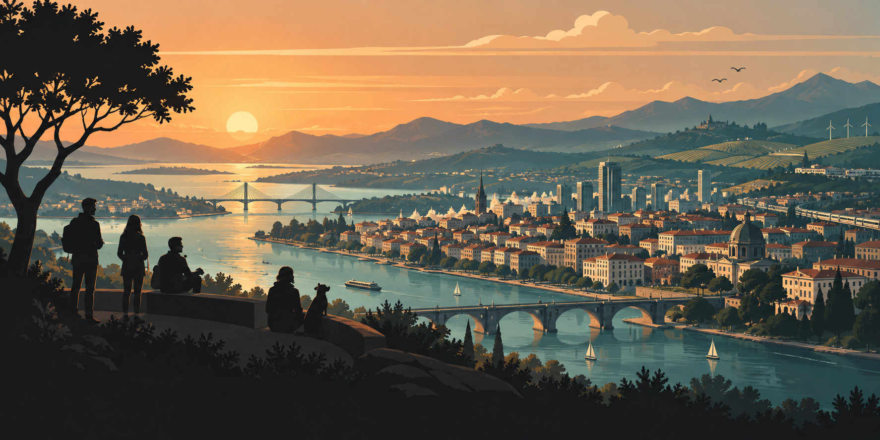 People looking across a river, connected neighbourhoods and distant hills in warm evening light
