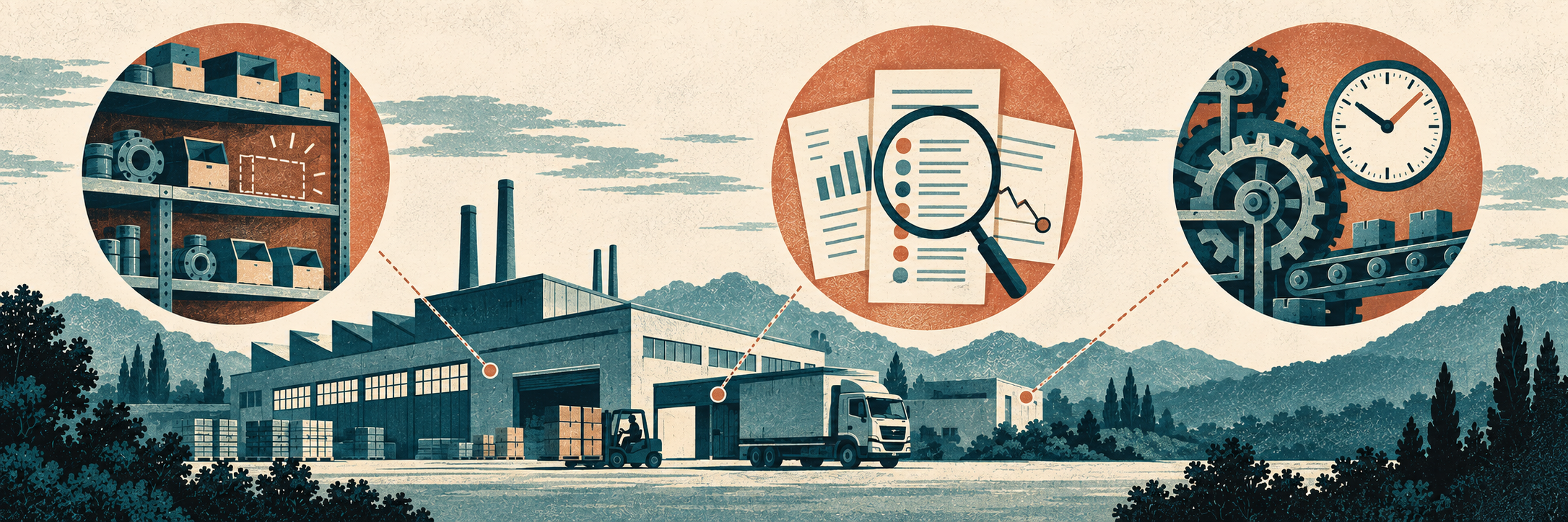 Editorial illustration connecting a factory with inspections of its inventory, orders and production timing