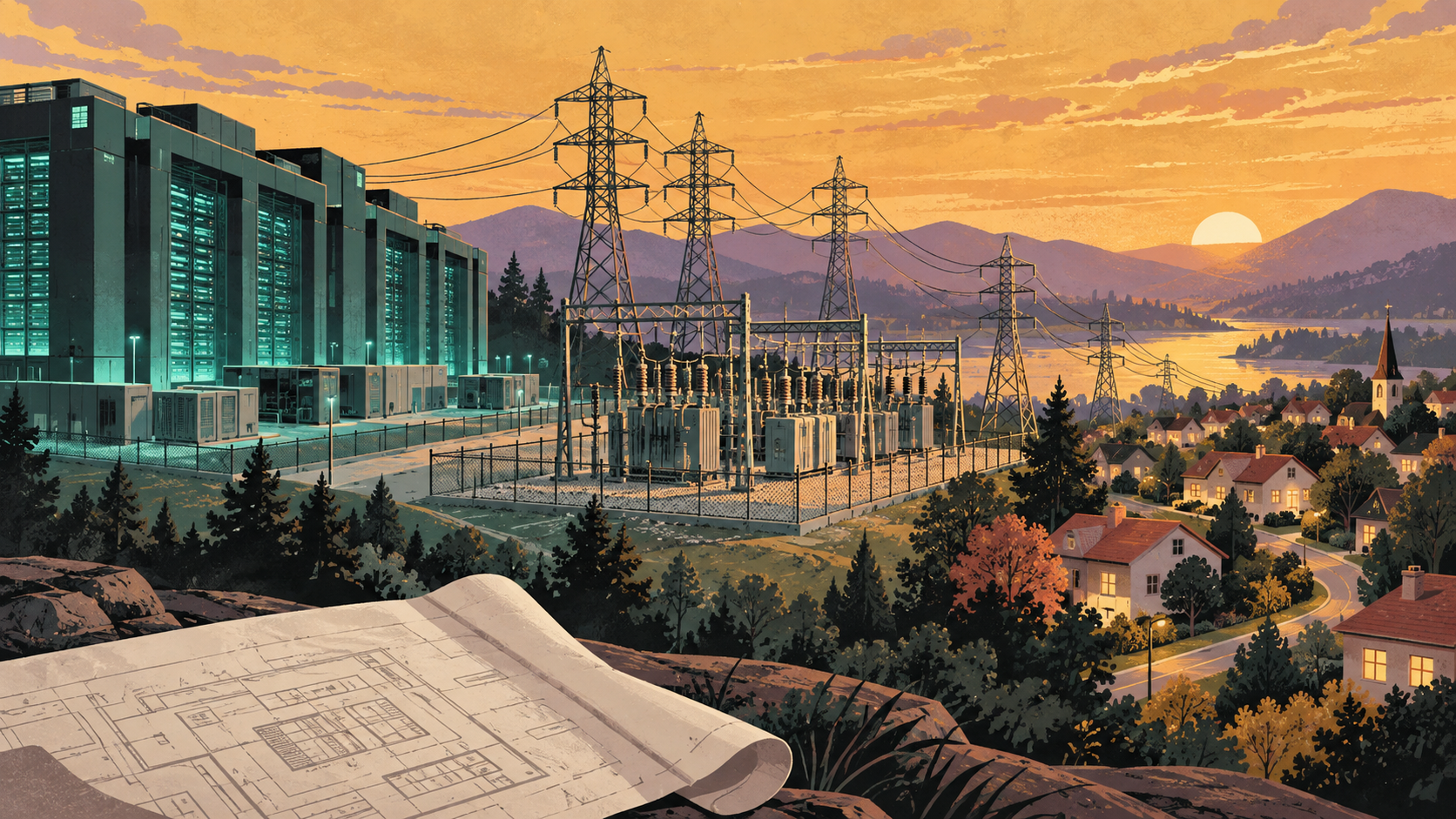 Original editorial illustration of a teal data center, a shared electricity substation and a neighborhood, connected by power lines.