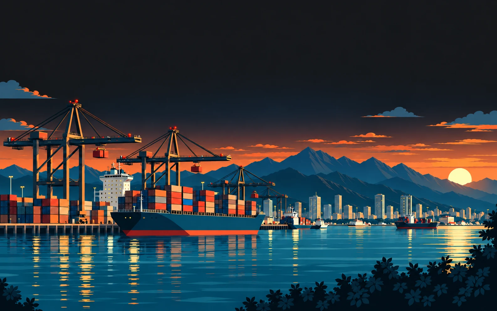 Flat Modern illustration of cargo ships, harbor cranes and mountains at a copper sunset