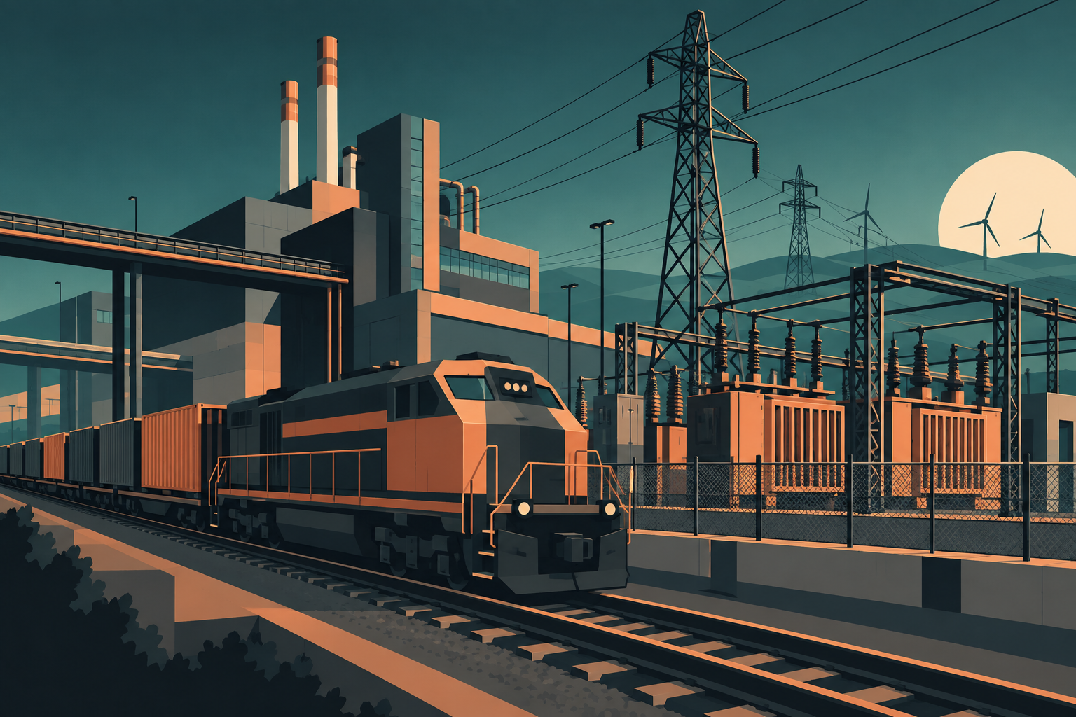 A Flat Modern illustration connecting freight transport, a factory and electrical infrastructure
