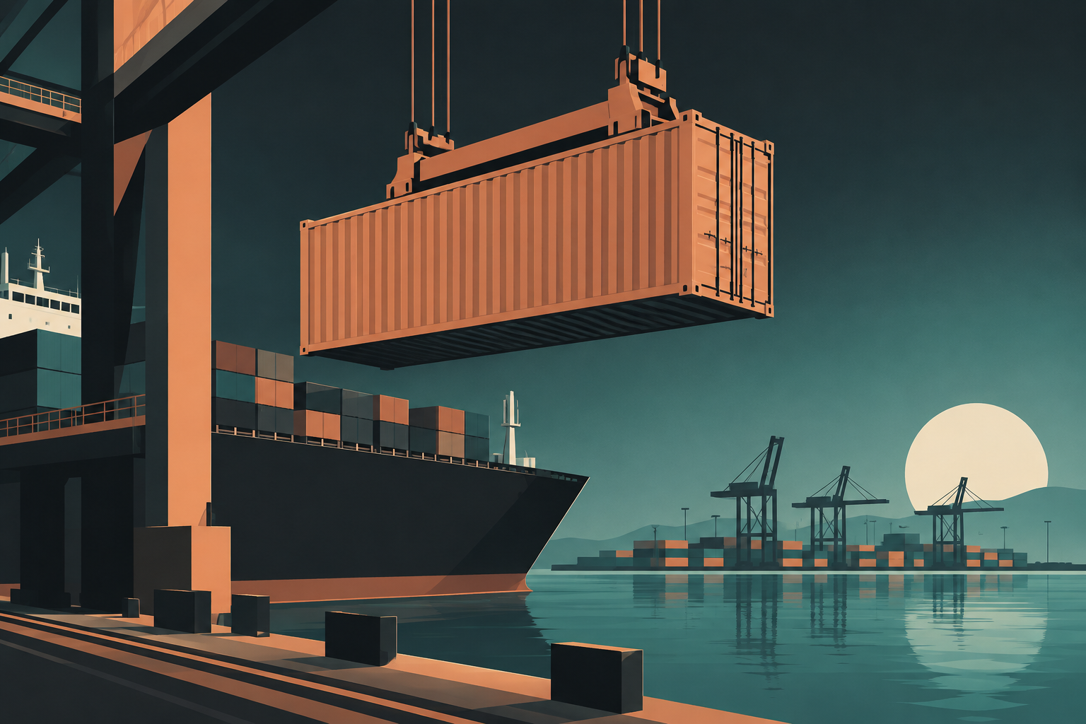 A Flat Modern illustration of a copper freight container lifted beside a cargo ship