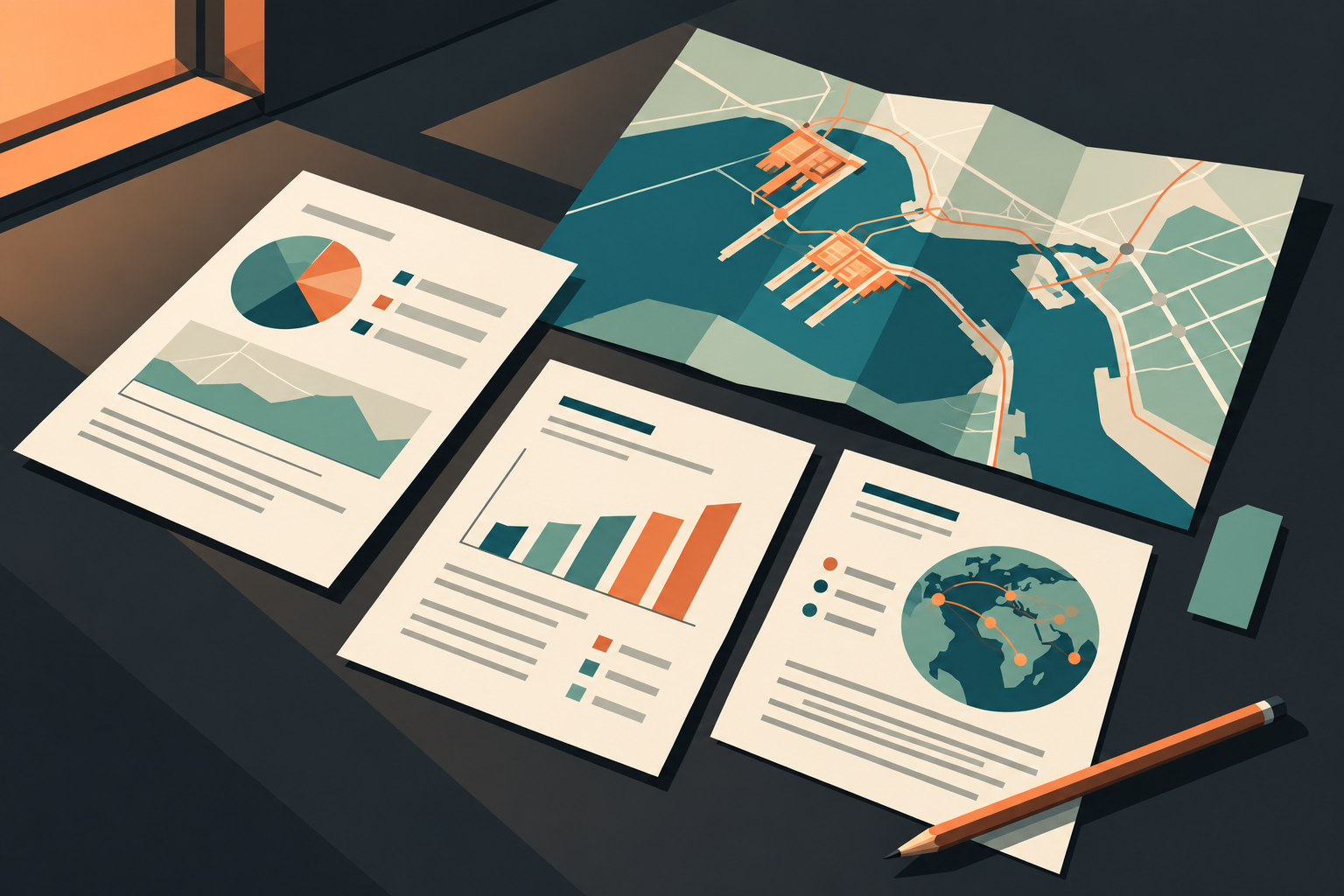 Flat Modern source documents, charts and an infrastructure map on a research table