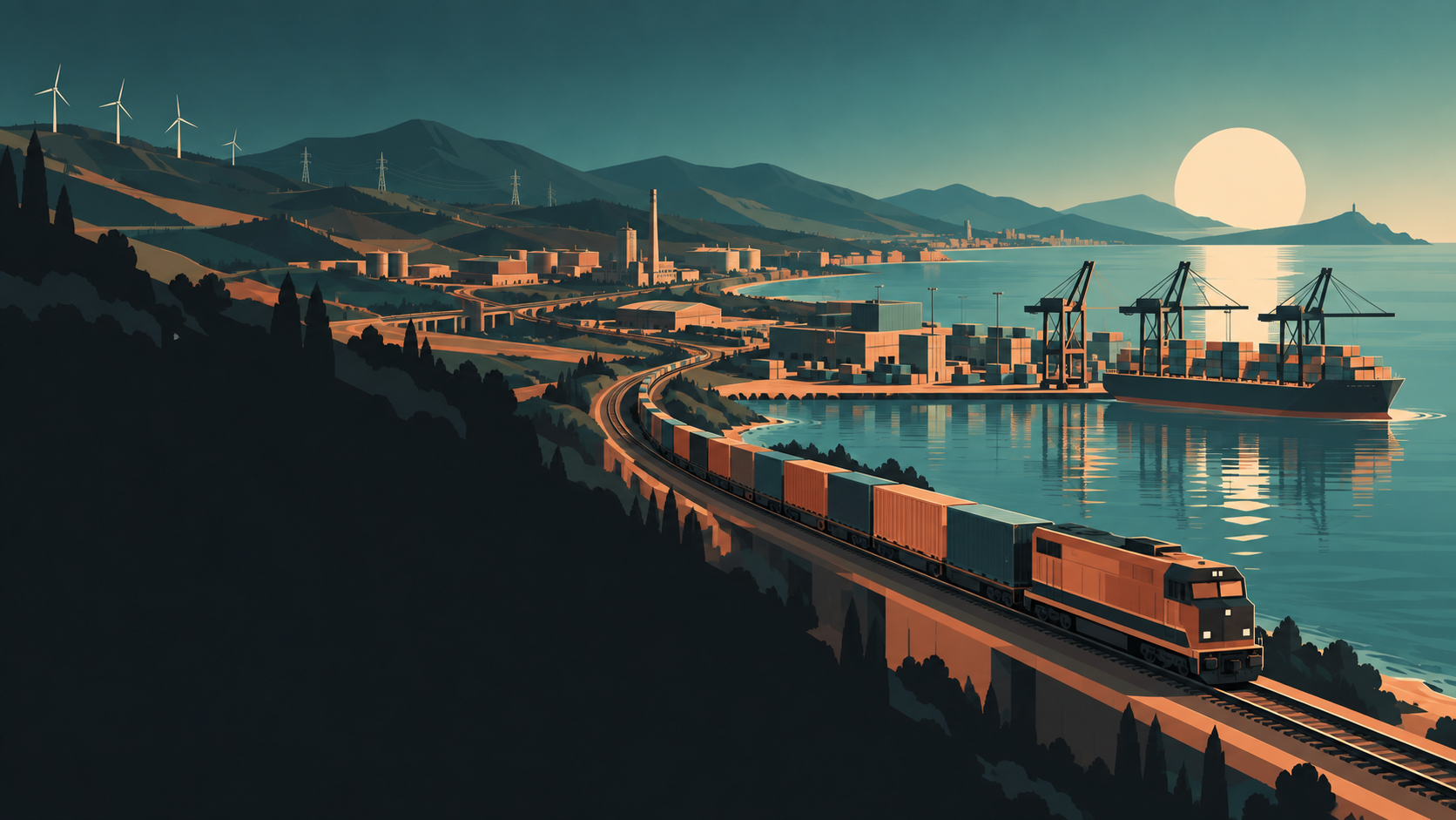 A Flat Modern coastal landscape linking a port, freight railway, industry and energy infrastructure