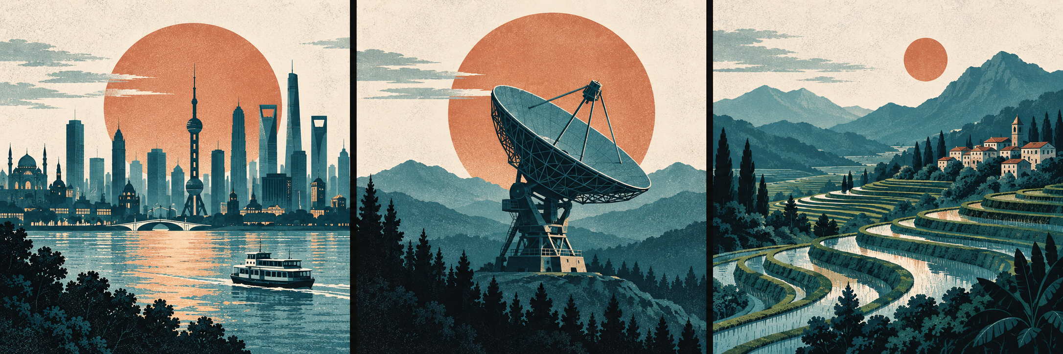 Three editorial scenes: a riverside city, a radio telescope and terraced farmland