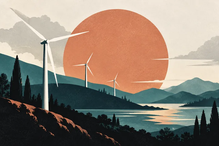 Flat editorial illustration of wind turbines across hills