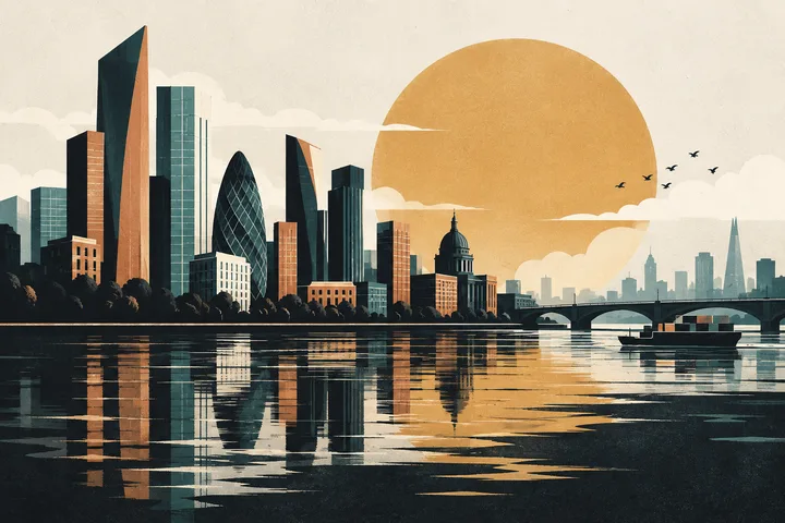 Flat editorial illustration of a financial district skyline