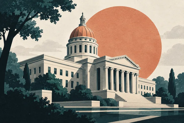 Flat editorial illustration of a government building