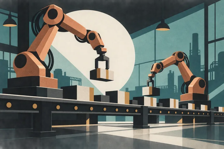 Flat editorial illustration of industrial robotic arms