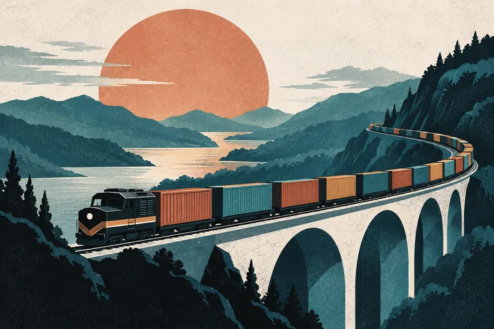 Flat editorial illustration of a container train crossing a viaduct